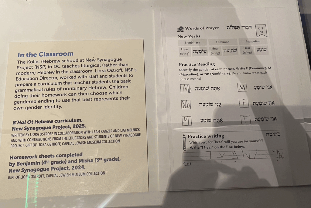 Worksheets completed by NSP students using Nonbinary Hebrew Project adaptations, on display at the Capital Jewish Museum.