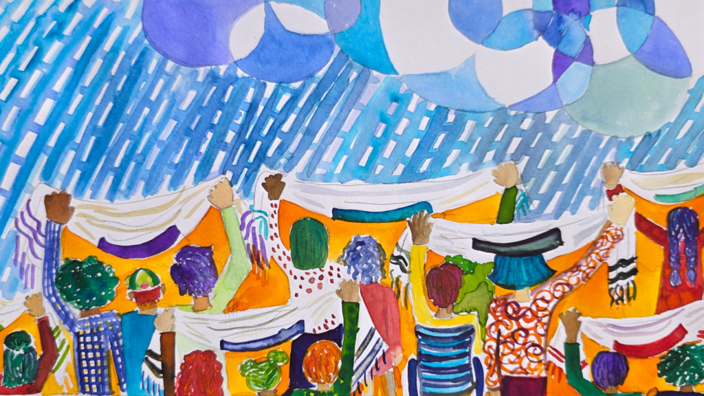 A colorful, joyfulgroup of people stands together, holding up tallit as protection from a rainstorm.